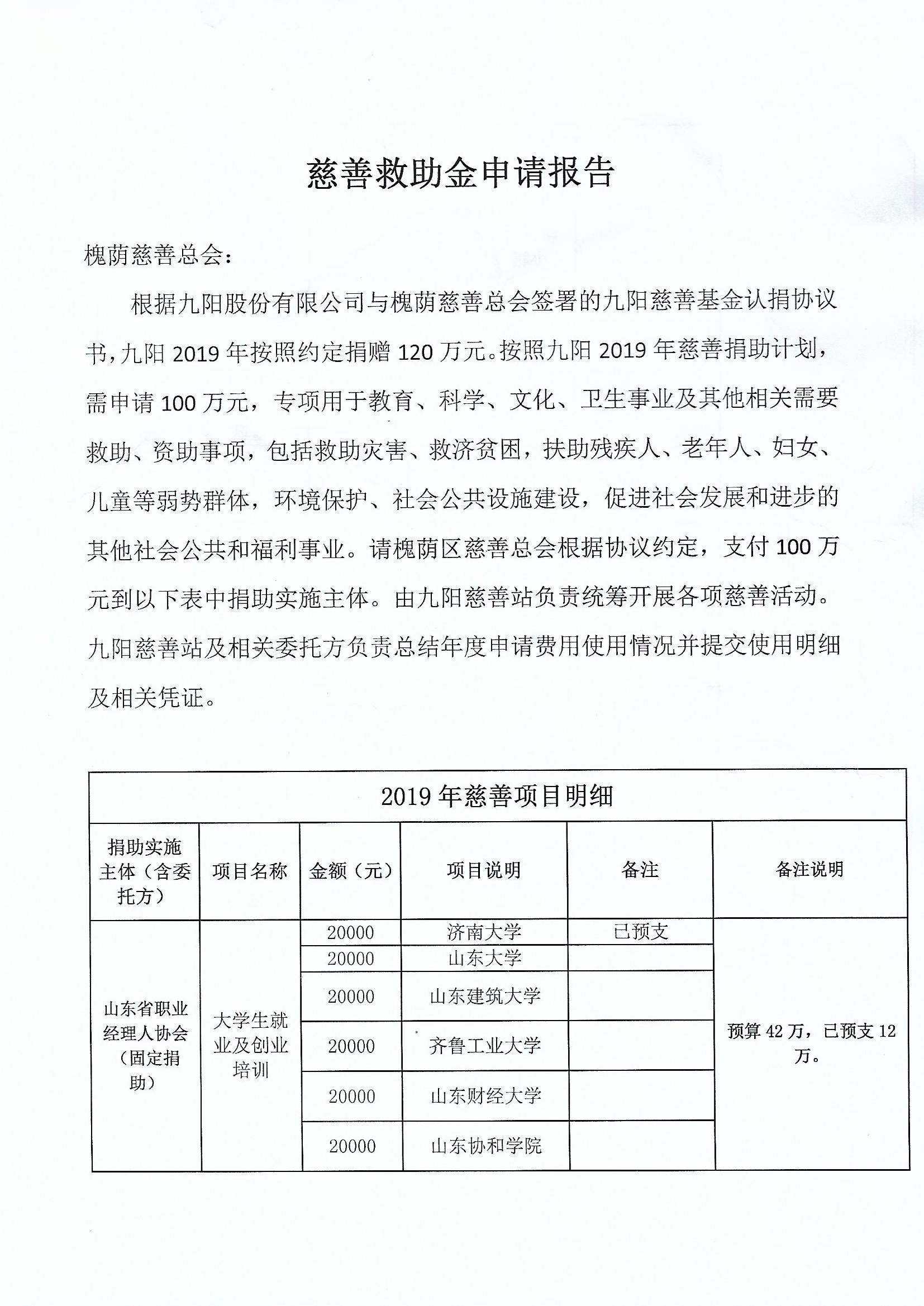 九阳慈善站慈善救助金申请报告
